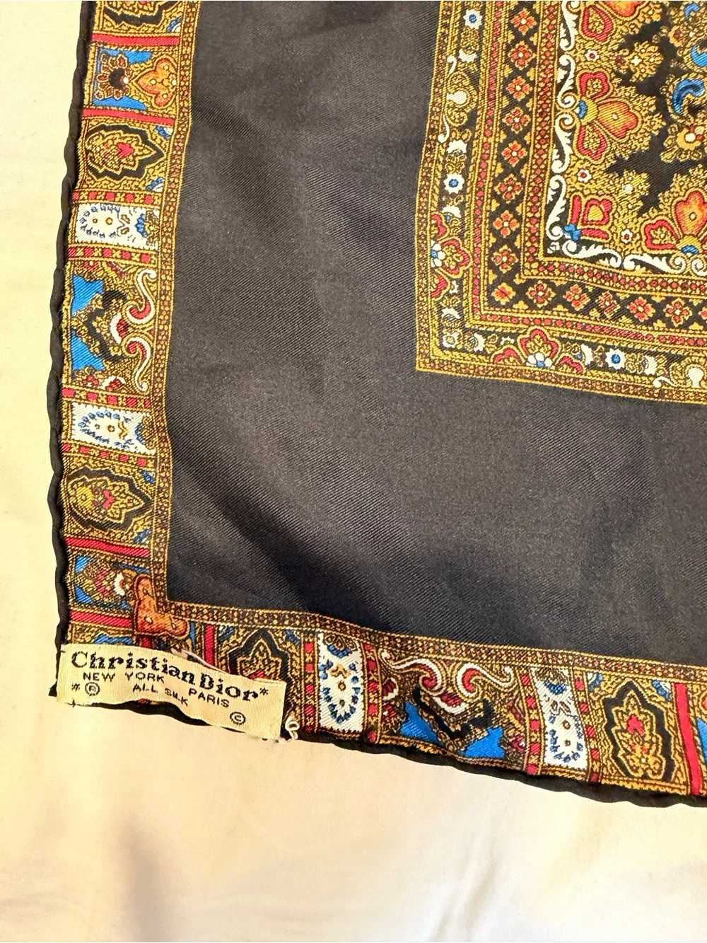 Dior Black Silk Scarf with Gold, Red & Blue Paisley Border